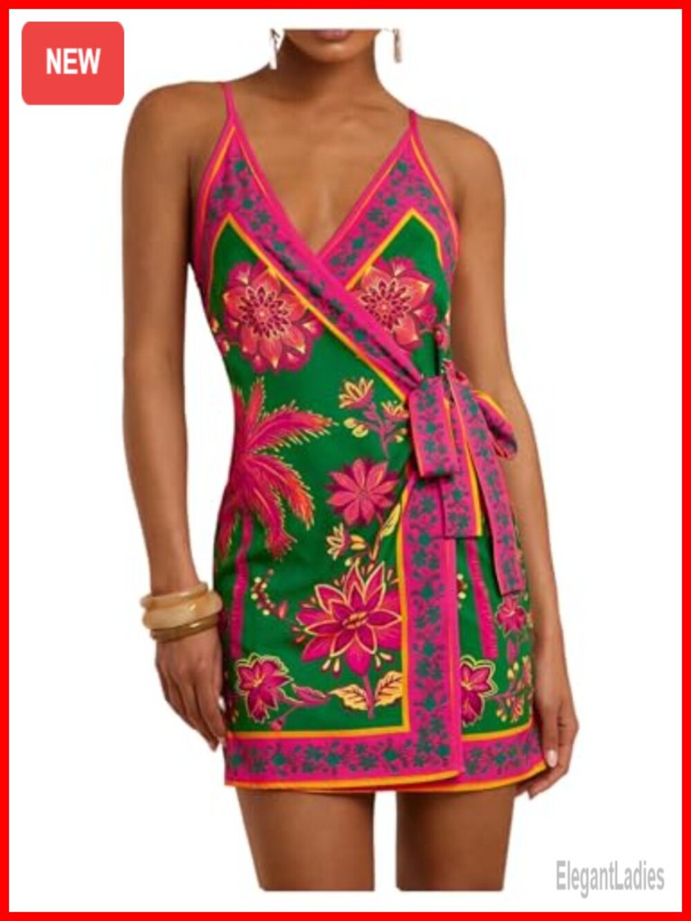 Sleeveless Tropical Print Wrap Dress with V-Neck and Bow Detail